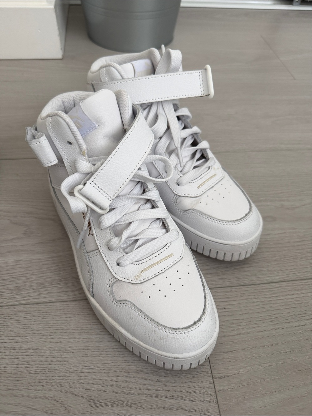 PUMA White Leather Platform Mid-Top Sneakers